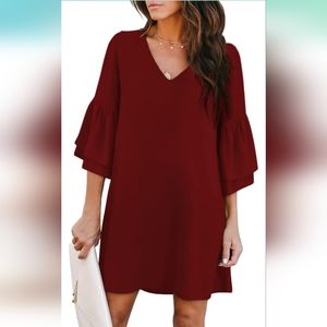 BELONGSCI Women's 2023 Summer Dress Sweet & Cute V-Neck Bell Sleeve Shift Dress